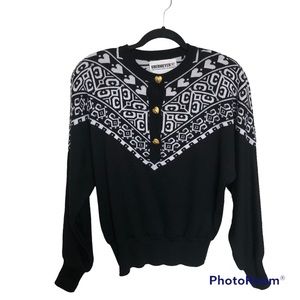 Vintage OBERMEYER Wool Ski Sweater Fair Isle/Sweatheart Black/White Size M